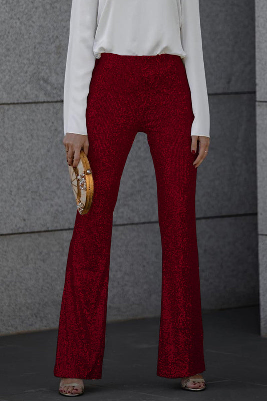 Isabella Sequined High-Waisted Flared Trousers | Solid Full-Length Trousers