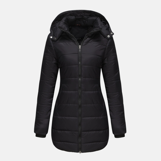Women’s Puffer Jacket – Insulated Padding – Detachable Hood – Mid-Length Fit – Ribbed Cuffs