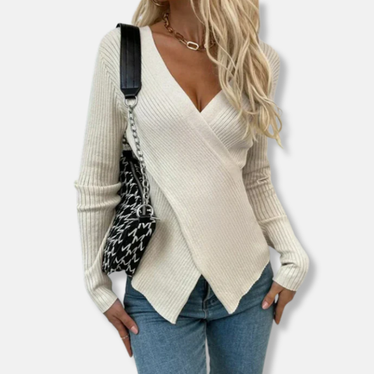 Amelia Cotton Blend Asymmetrical Cross-Front Knit Sweater | Slim Fit V-Neck Sweater