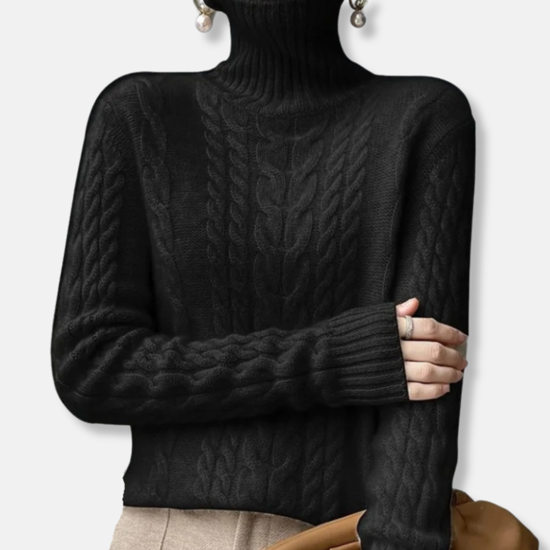 Isla Cable Knit Turtleneck Sweater | Ribbed Collar Long Sleeve Sweater