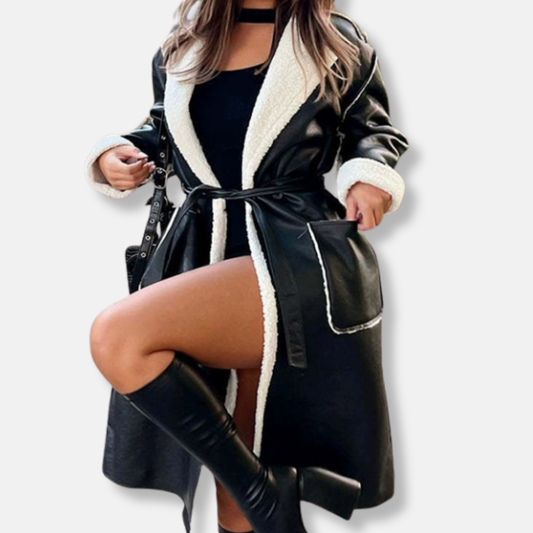 Women’s Long Coat – Oversized Fit – Wrap Style with Plush Trim and Tie Belt