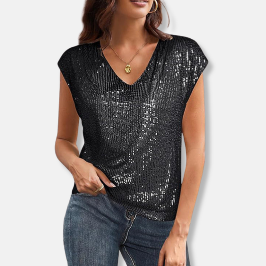 Lily Sequin V-Neck Top | Relaxed Fit Cap Sleeve Top
