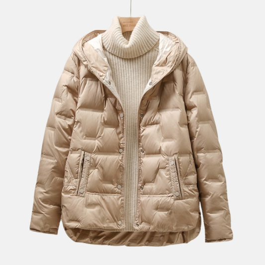 Women’s Quilted Down Jacket – Relaxed Fit – Puffer Style – Hooded – Snap Closure