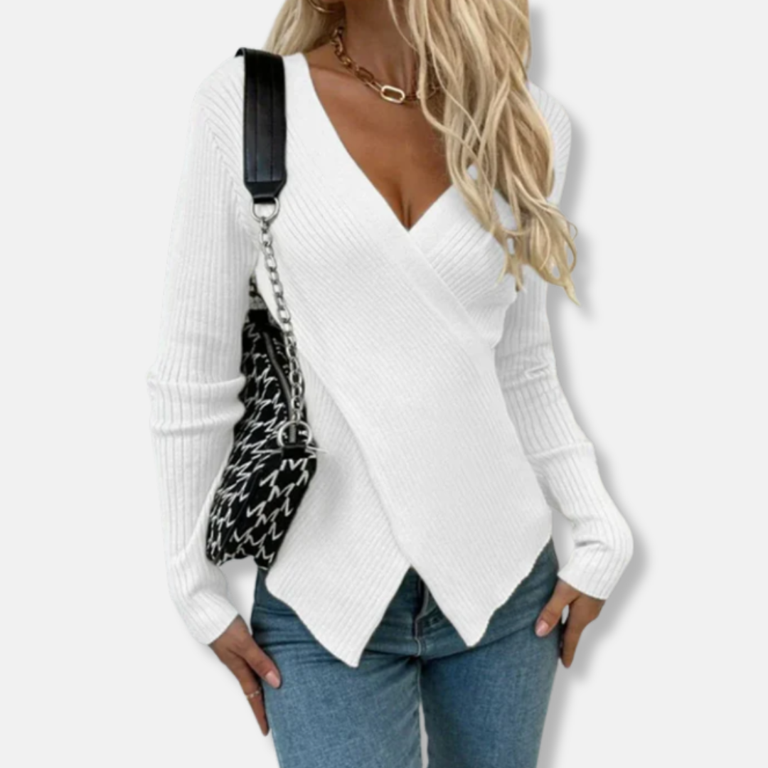 Amelia Cotton Blend Asymmetrical Cross-Front Knit Sweater | Slim Fit V-Neck Sweater