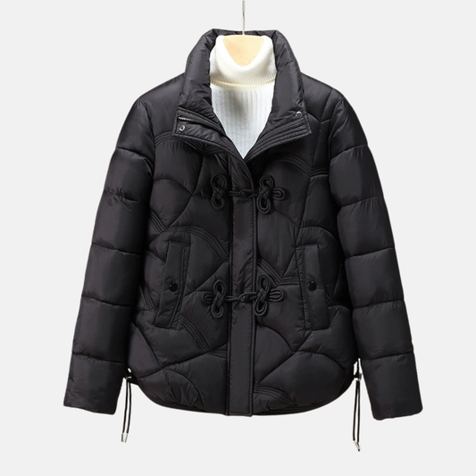 Women’s Puffer Jacket – Quilted Geometric Pattern – Frog Button – Adjustable Hem