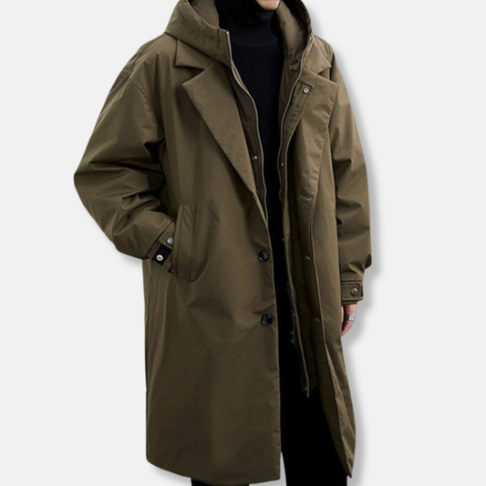 Men’s Trench Parka Coat – Oversized Relaxed Fit – Hooded – Faux Layered Design
