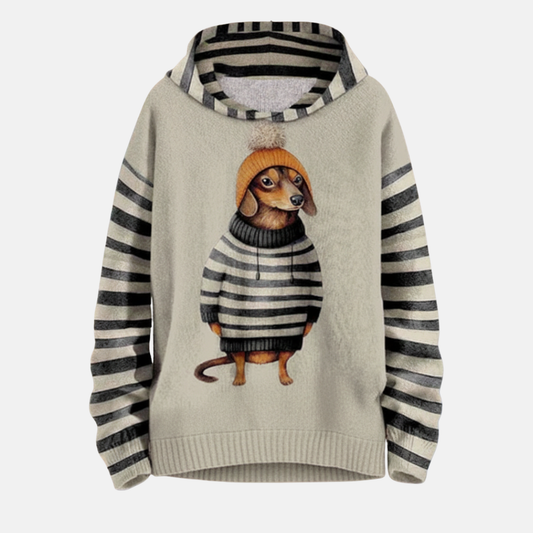 Women’s Hoodie – Relaxed Fit – Cartoon Dog Print – Striped Detail