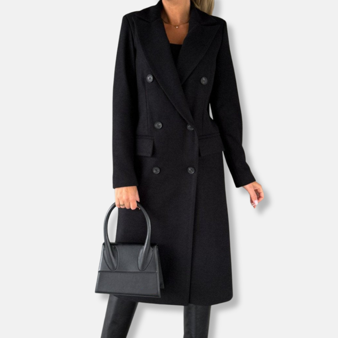 Women’s Longline Coat – Tailored Fit – Wool Blend – Double Breasted – Notch Lapel