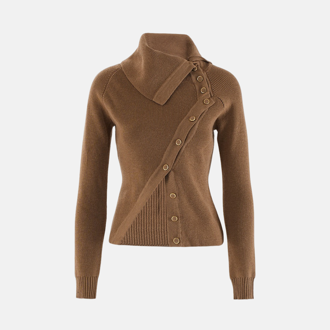 Women’s Knitwear Top – Slim Fit – Ribbed Wool Blend – Asymmetrical Collar & Buttons