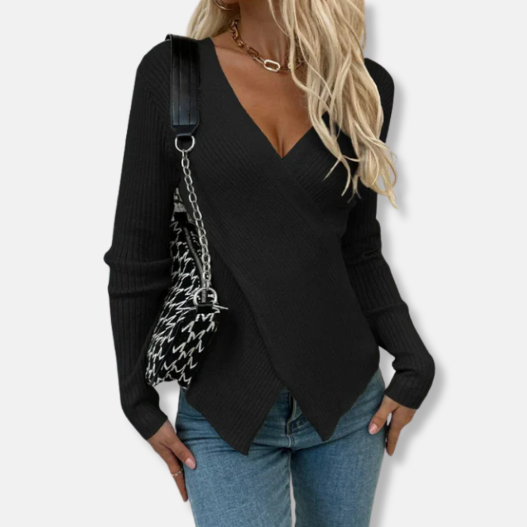 Amelia Cotton Blend Asymmetrical Cross-Front Knit Sweater | Slim Fit V-Neck Sweater