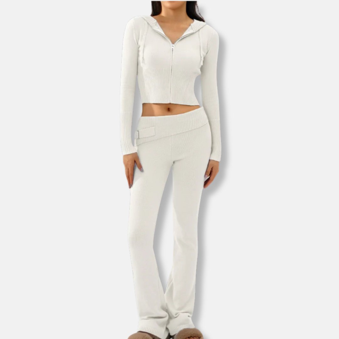 Amelia Fitted Cropped Hooded Jacket And Bootcut Pants Two-Piece Set | Ribbed Casual Loungewear