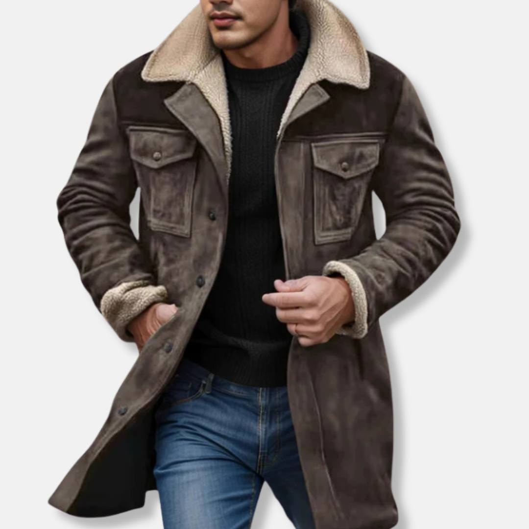 Men’s Casual Long Coat – Suede Texture – Faux Shearling Collar – Button-Up Front