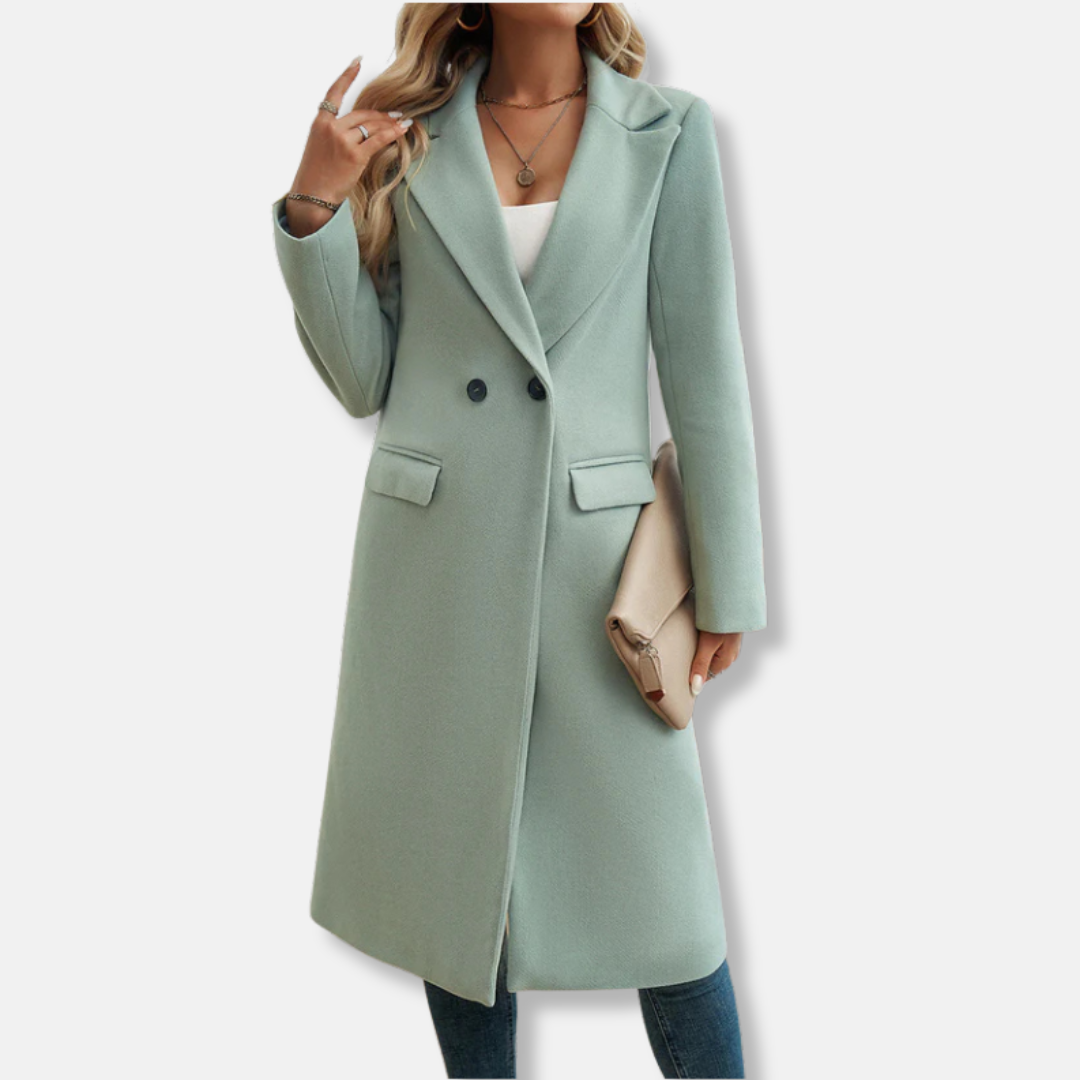 Women’s Long Coat – Wool Blend – Relaxed Fit – Double Breasted – Notched Lapel