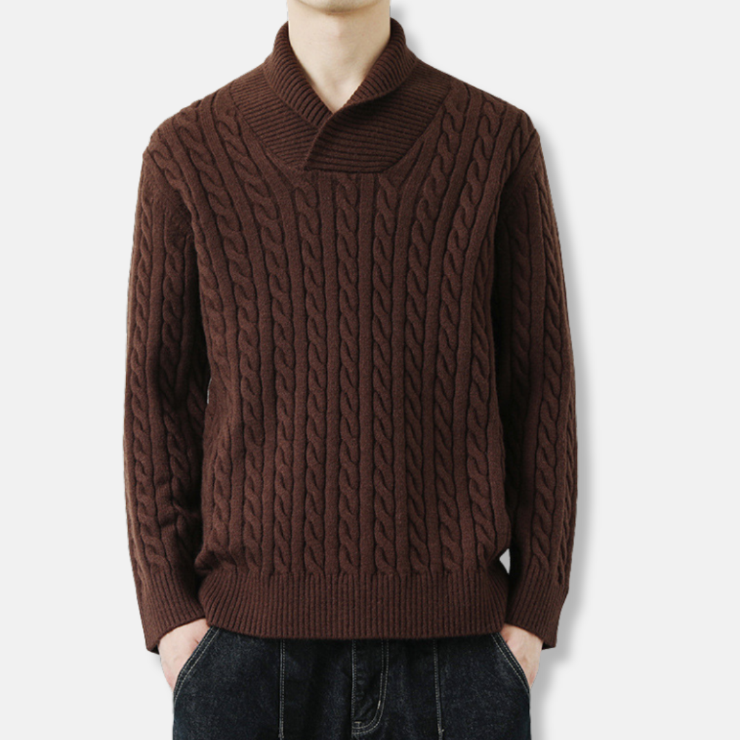 Men’s Pullover Sweatshirt – Loose Fit – Wool Knit – Cable Texture – Shawl Collar