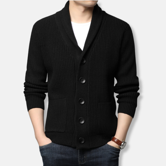 Men’s Cardigan Sweater – Regular Fit – Chunky Ribbed Knit – Shawl Collar – Button Front