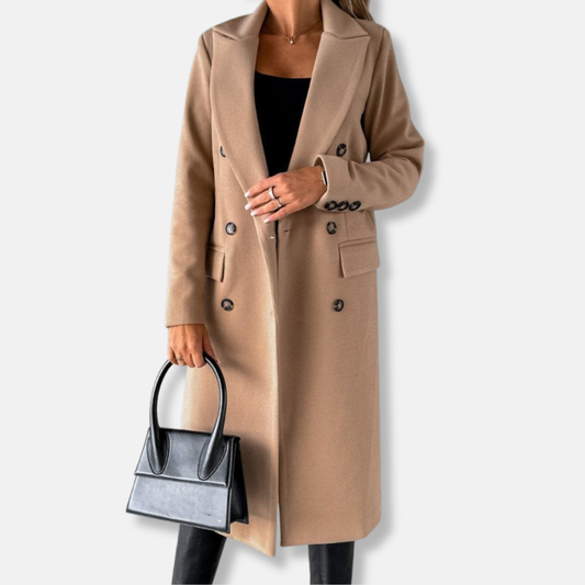 Women’s Longline Coat – Tailored Fit – Wool Blend – Double Breasted – Notch Lapel