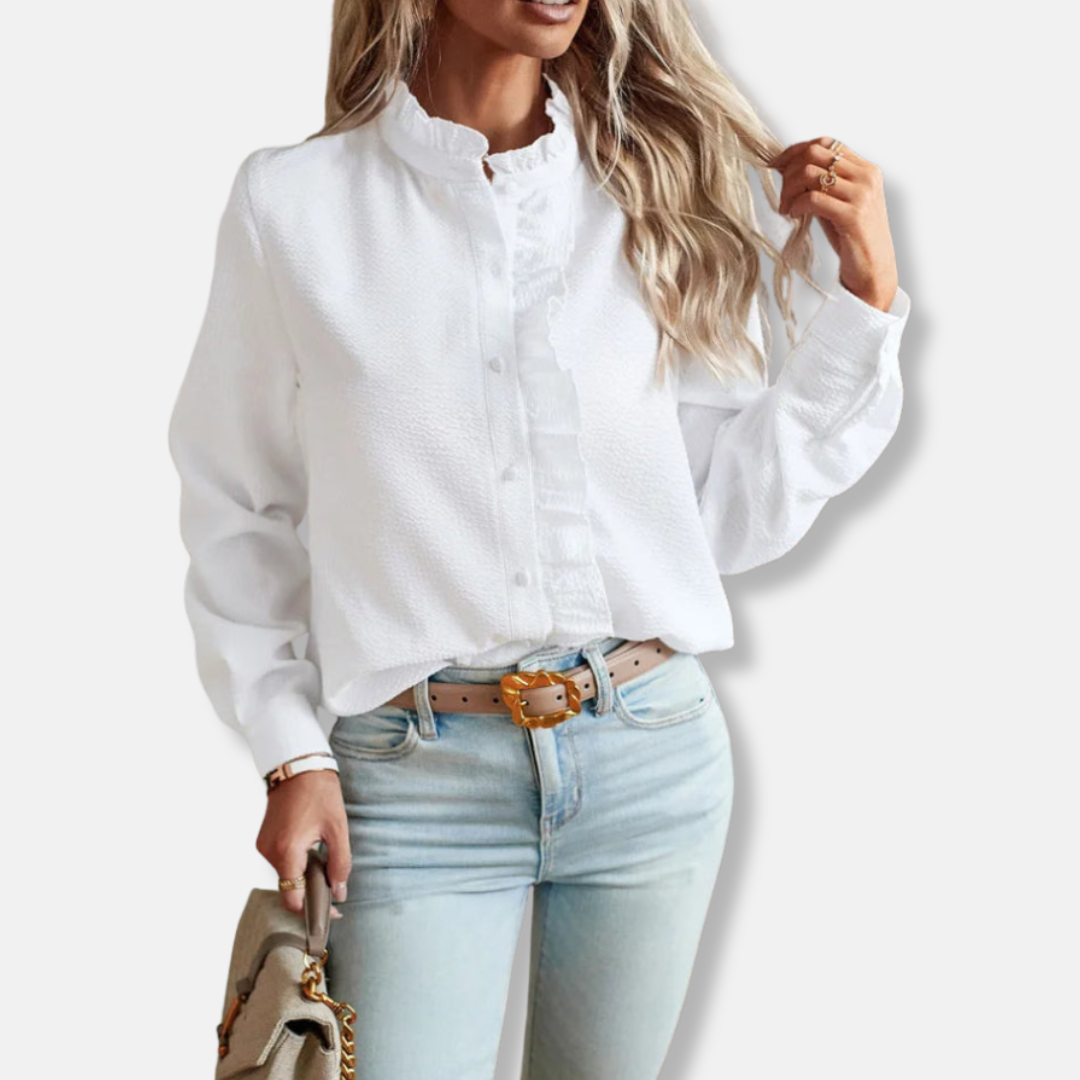 Isla Ruffled Striped Blouse | Button Front Long Sleeve Blouse