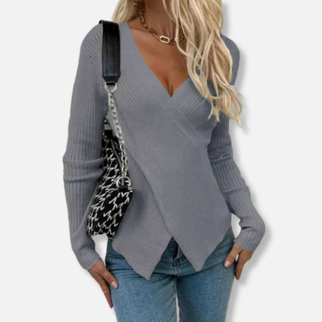 Amelia Cotton Blend Asymmetrical Cross-Front Knit Sweater | Slim Fit V-Neck Sweater