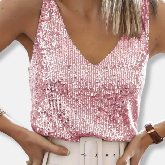 Isabella Sequined V-Neck Sequin Top | Sleeveless Hip-Length Top