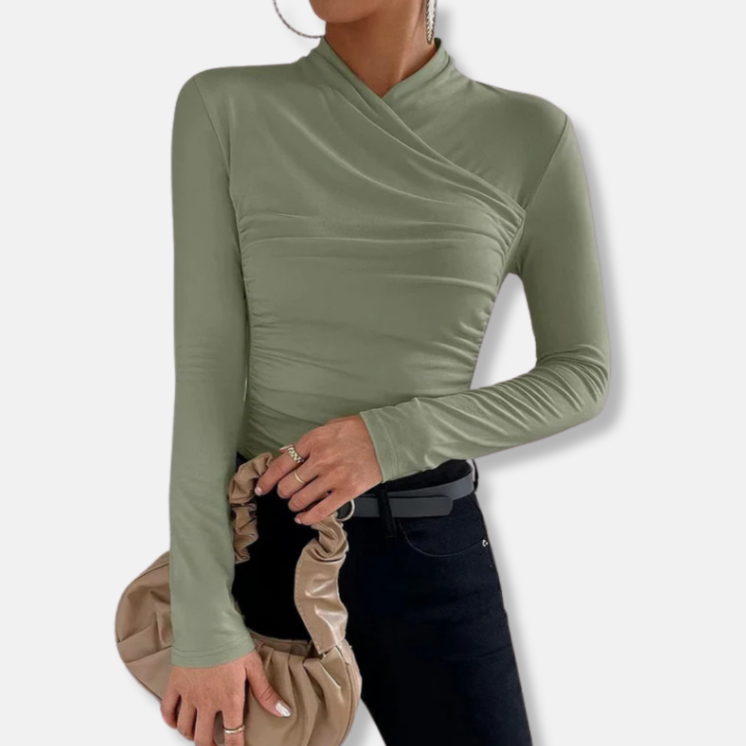 Olivia Modal Ruched Cross-Neck Long Sleeve Top | Slim Fit Top