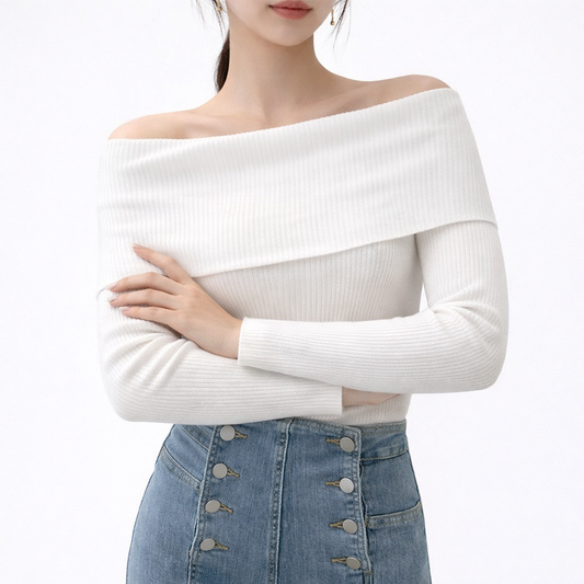 Aria Fitted Ribbed Off-Shoulder Sweater | Solid Long Sleeve Knit