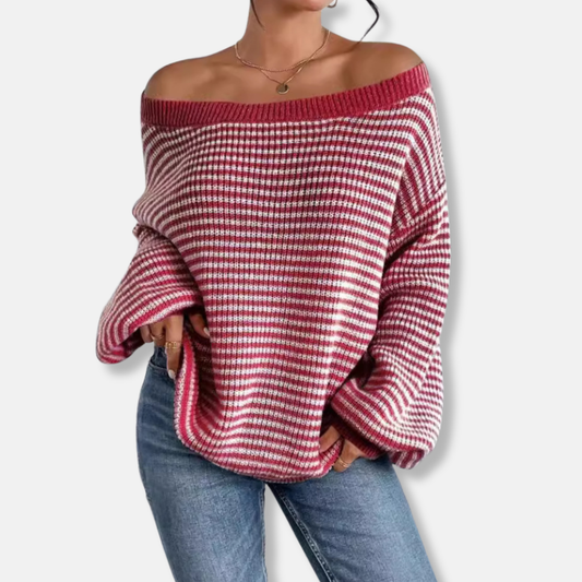 Women’s Knitted Sweatshirt – Relaxed Fit – Boat Neck – Lantern Sleeve – Textured Stripe