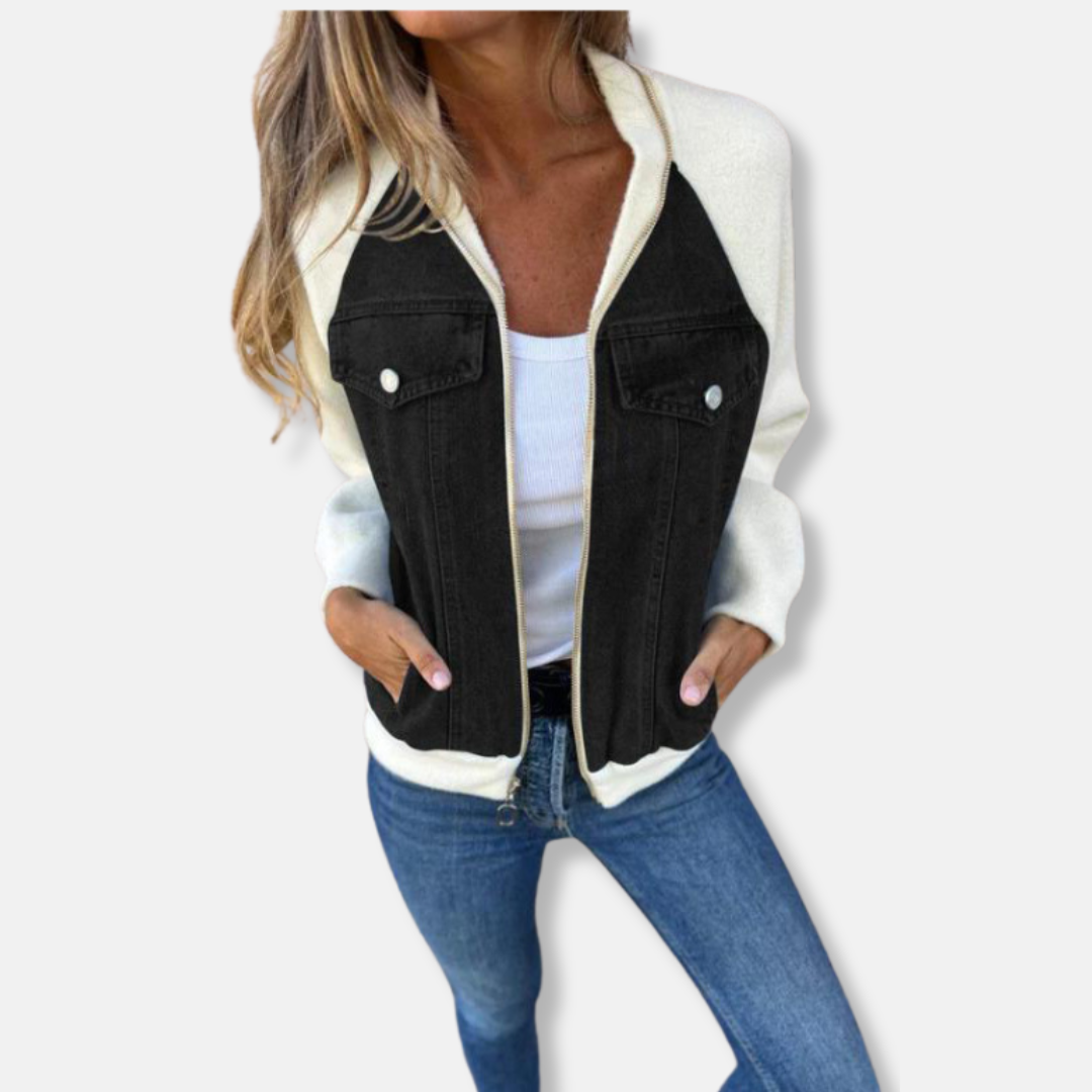 Women’s Jacket – Wool Blend with Denim Panels – Zip Front – Hip Length Casual Fit