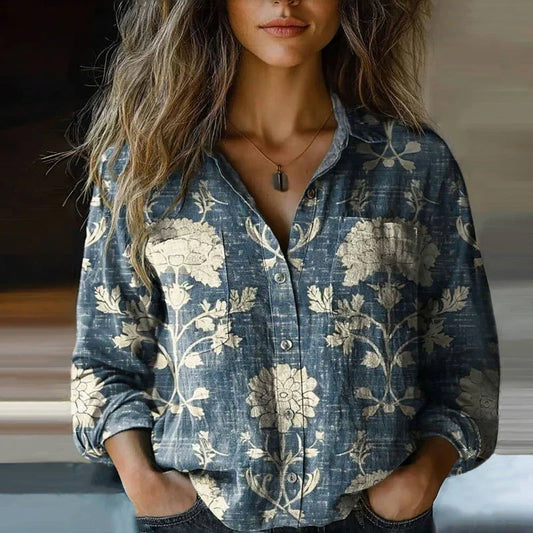 Amelia Relaxed Fit Button-Front Blouse | Bandana Print Collar Blouse