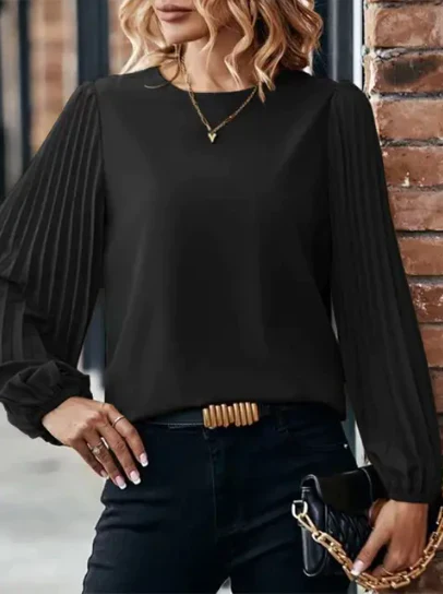 April Blouse | Pleated Lantern Sleeve Round Neck Top