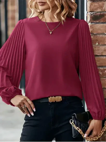 April Blouse | Pleated Lantern Sleeve Round Neck Top