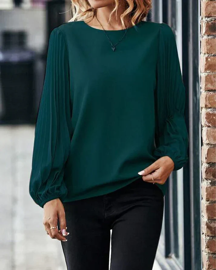April Blouse | Pleated Lantern Sleeve Round Neck Top