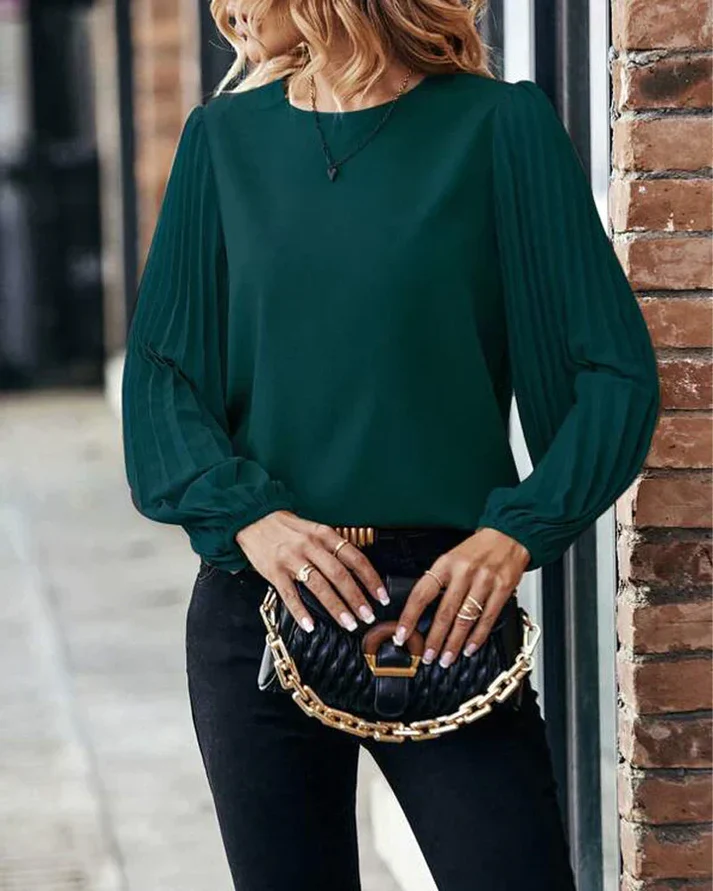 April Blouse | Pleated Lantern Sleeve Round Neck Top