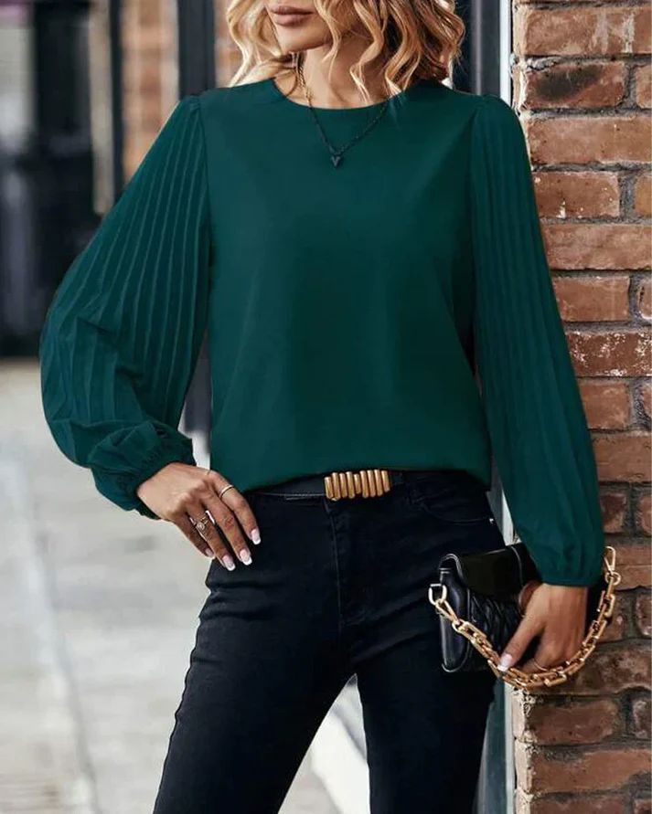 April Blouse | Pleated Lantern Sleeve Round Neck Top