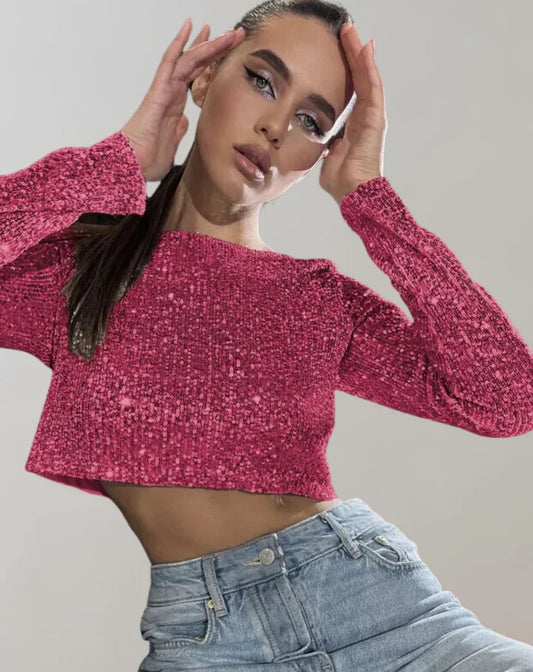 Binnie Top | Women's Sequin Long-Sleeve Crop Top