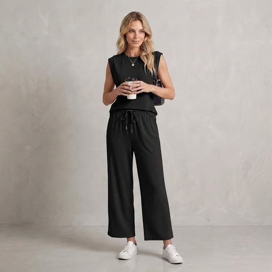 Isla Relaxed Fit Shoulder Pad Top And Pants Two-Piece Set | Solid Casual Wear