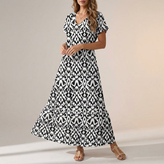 Freya Ikat Print Maxi Dress | V-Neck Ruffled Hem Dress