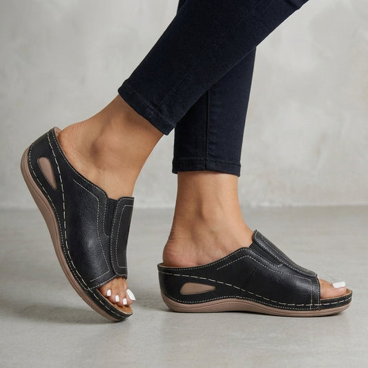 Isla Orthopedic Relaxed Fit Slide Sandals | Contrast Stitching Wedge Heel Sandals