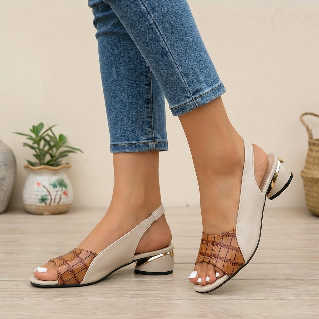 Emily Embossed Slingback Block Heel Sandals | Metallic Accent Sandals