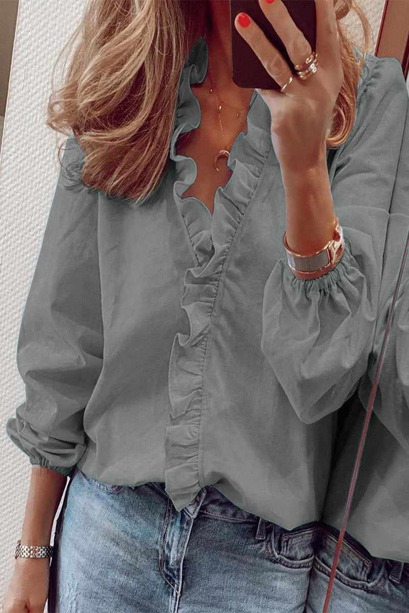 Danella Blouse | Long Sleeve V-Neck Ruffle Blouse