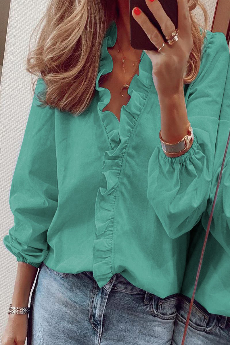 Danella Blouse | Long Sleeve V-Neck Ruffle Blouse