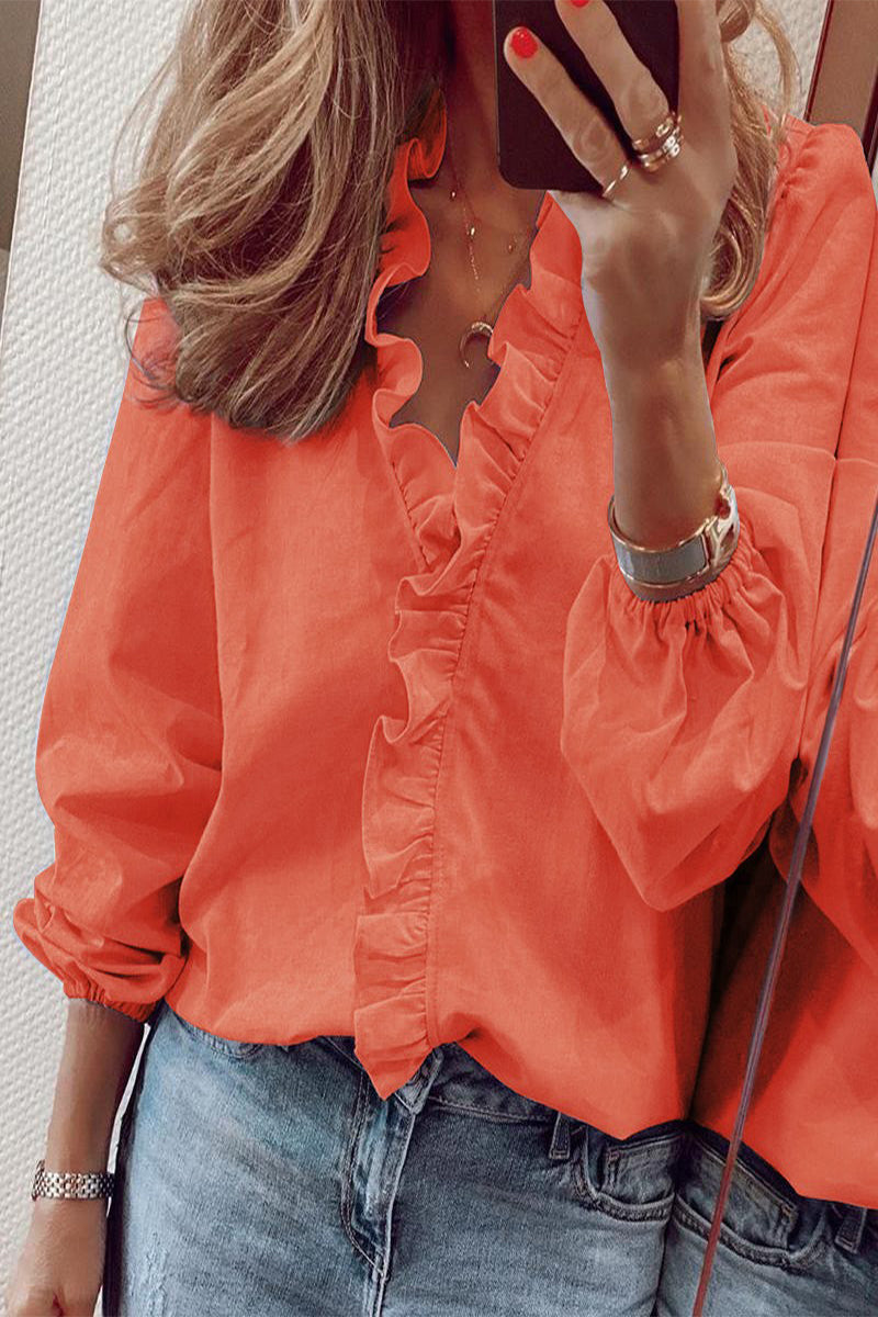 Danella Blouse | Long Sleeve V-Neck Ruffle Blouse