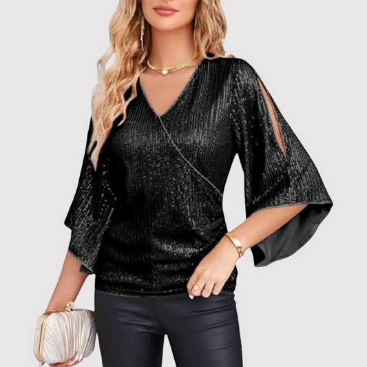 Faith Blouse | Sequin Wrap Blouse with Bell Sleeves