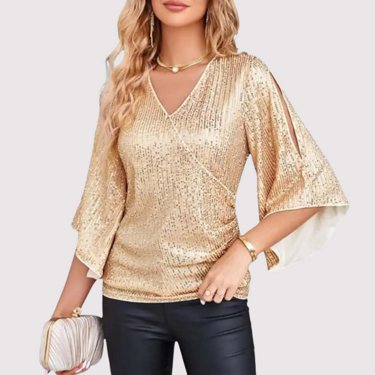 Faith Blouse | Sequin Wrap Blouse with Bell Sleeves
