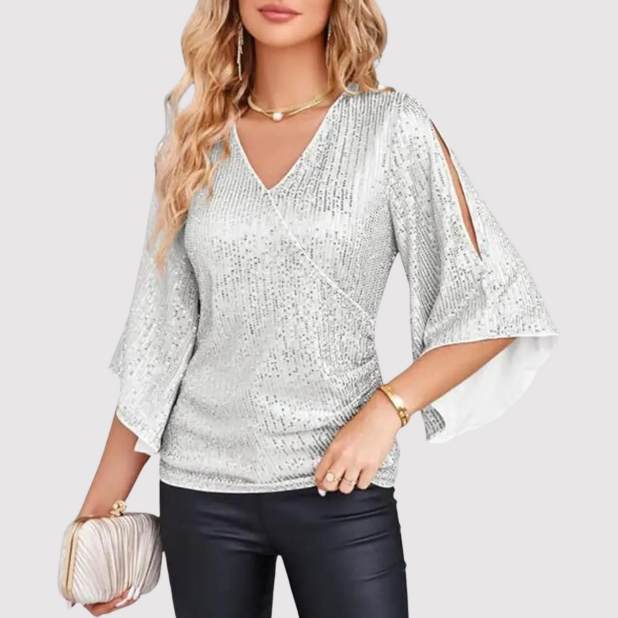 Faith Blouse | Sequin Wrap Blouse with Bell Sleeves
