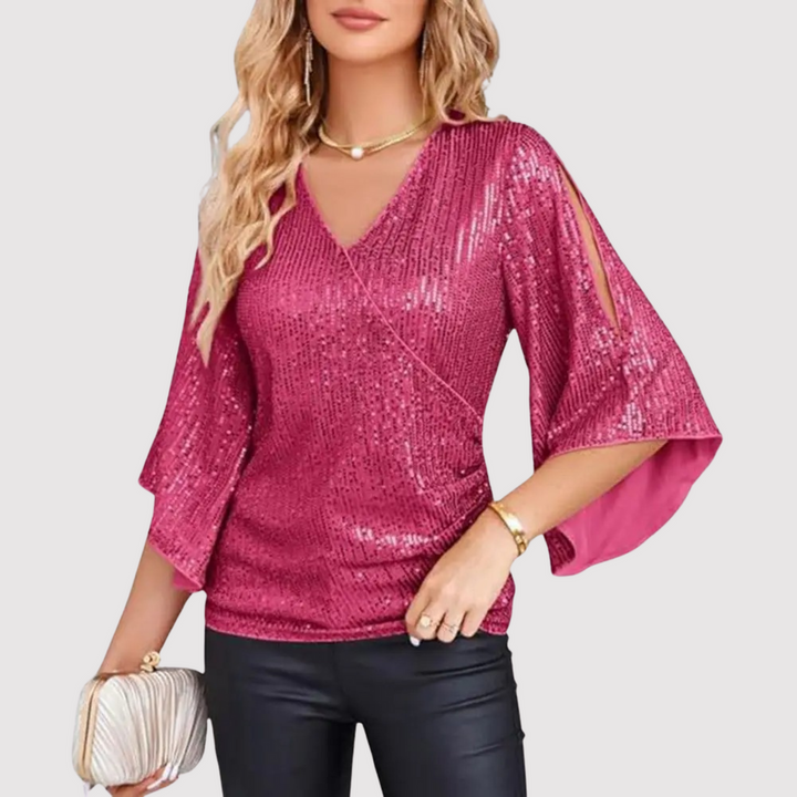 Faith Blouse | Sequin Wrap Blouse with Bell Sleeves