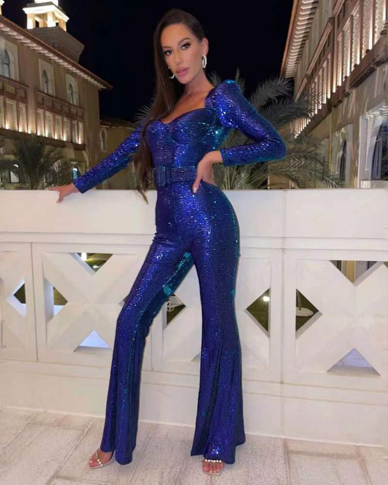 Faline Jumpsuit | Sequin Long Sleeve Flared Jumpsuit