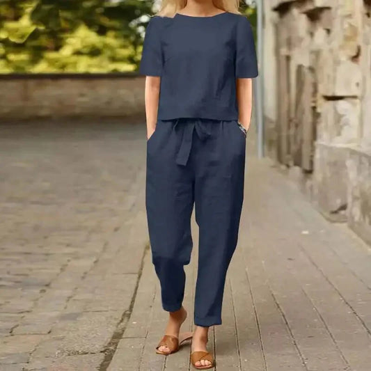 Flory Set | Loose Fit Short Sleeve Top & High Waist Tie Pants Set