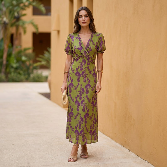 Lily A-Line Maxi Dress | Puff Sleeve V-Neck Dress