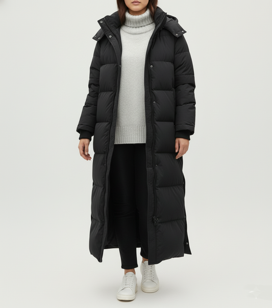 Sierra Long Puffer Coat | Side-Split Hooded Winter Jacket