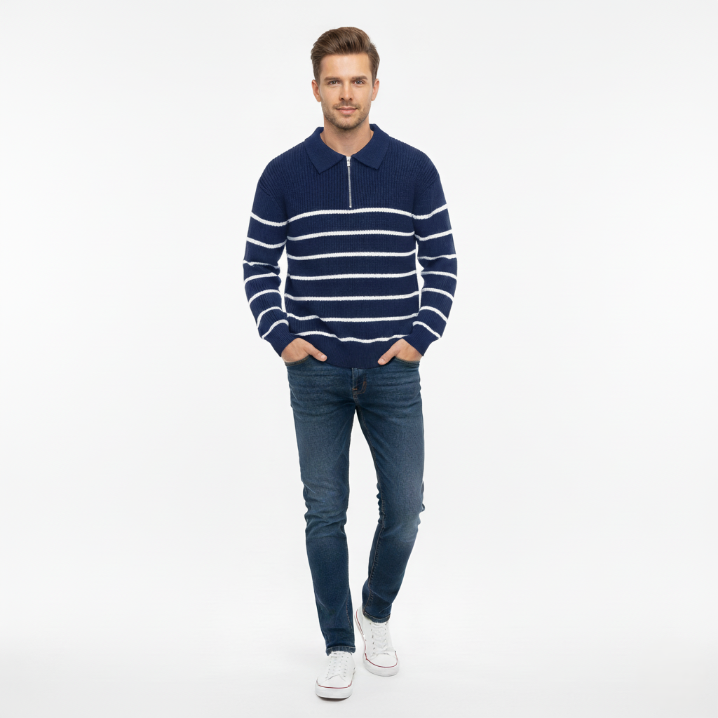 Men’s Sweater – Wool Knit – Regular Fit – Half-Zip – Ribbed Trim – Nautical Stripe